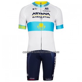 Completo Maglia + Pantaloncino con bretelle 2022 Astana Qazaqstan Campione Kazako Manica Corta Blu Bianco